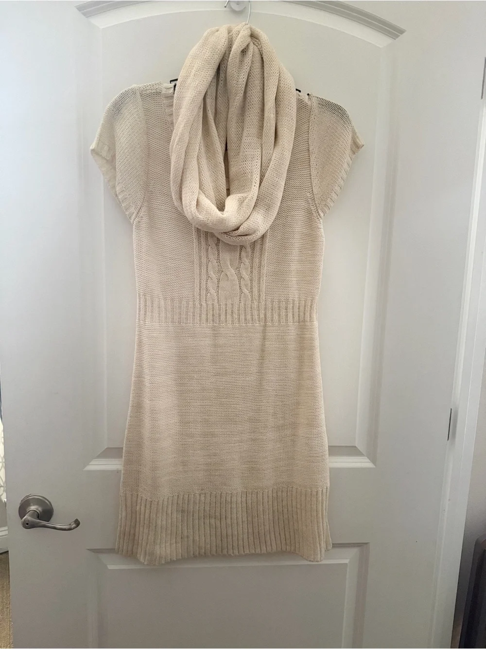 Cream Knit Sweater Dress with Infinity Scarf